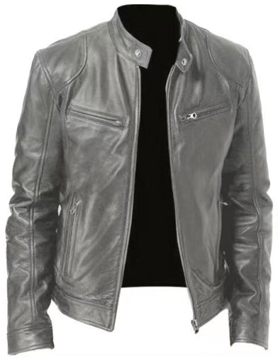 Gentleman's Warm Zipper Cardigan Pocket Decorated Pu Leather Coat Dark Grey