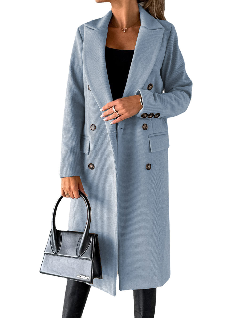 Long Sleeve Lapel Coat Winter Fashion Solid Double Breasted Slim Long Jacket Womens Clothing Sky Blue