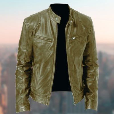 Gentleman's Warm Zipper Cardigan Pocket Decorated Pu Leather Coat Olivgrn 3XL