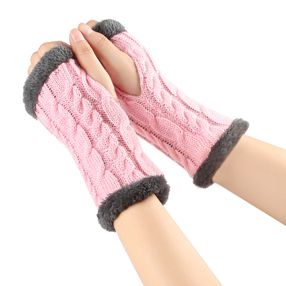 Winter Plush Gloves Twist Knitted Fingerless Fleece Gloves Women Warm Thickened Woolen Gloves Pink One Size