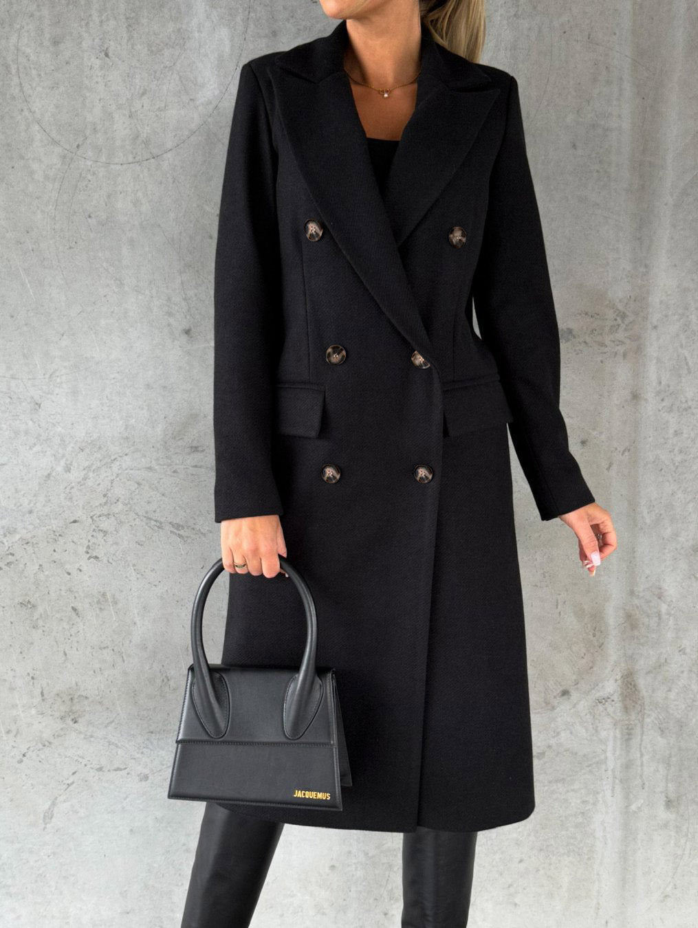 Long Sleeve Lapel Coat Winter Fashion Solid Double Breasted Slim Long Jacket Womens Clothing Black