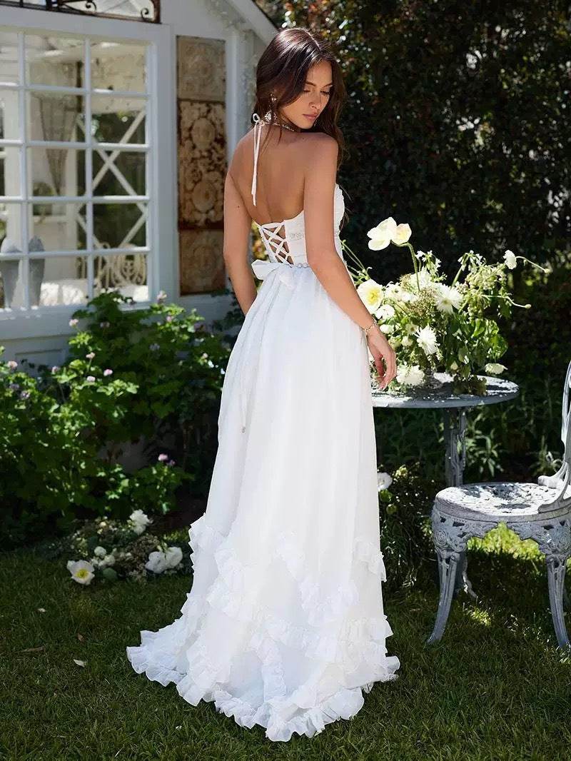 Women's French Romantic Strap Halter White Dress