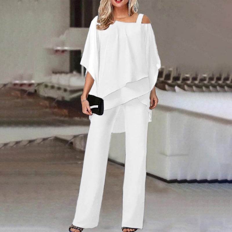 Solid Loose Irregular Suits Batwing Sleeve Top And Straight Trousers Outfits Womens Clothing White
