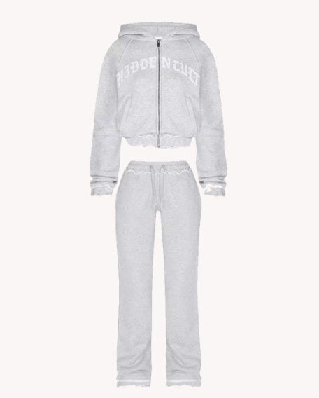 Ins Letter Sports Suit Zip-up Hooded Cropped Sweatshirt Top And Loose Drawstring Trousers Fashion Womens Clothing Light Grey S