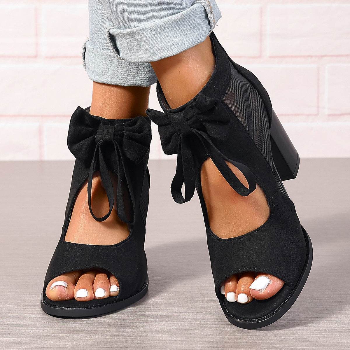 Platform Chunky High Heels Women's Sandals Bow Decoration Open Toe Block Ankle Strap Sandals For Dress Bridal Party Shoes Black
