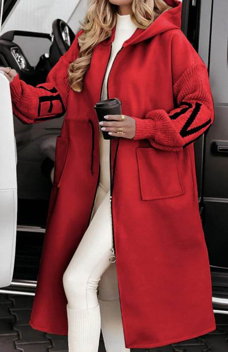 Hooded Windbreaker Long Jacket With Pockets And Drawstring Design Solid Color Knit-Sleeved Trench Coat For Women Clothing Fall Winter Red