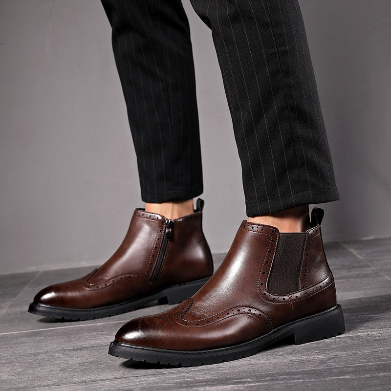 Trendy Zipper Leather Boots British Pointed Toe Boots Brown