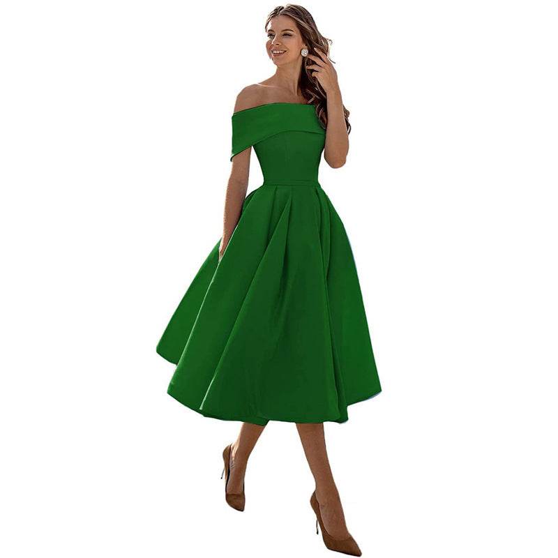 Women's Fashion Casual Strapless Satin Party Dress Off The Shoulder Tea Length Satin Prom Dresses With Pockts Formal Evening Party Dress Dark Green 1