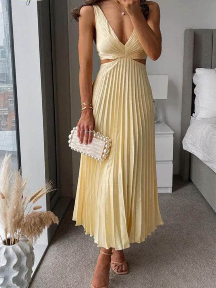 Ins Suspender Pleated Long Dress With Hollow-waisted Design Fashion V-neck Backless Dresses Summer Women's Clothing Yellow