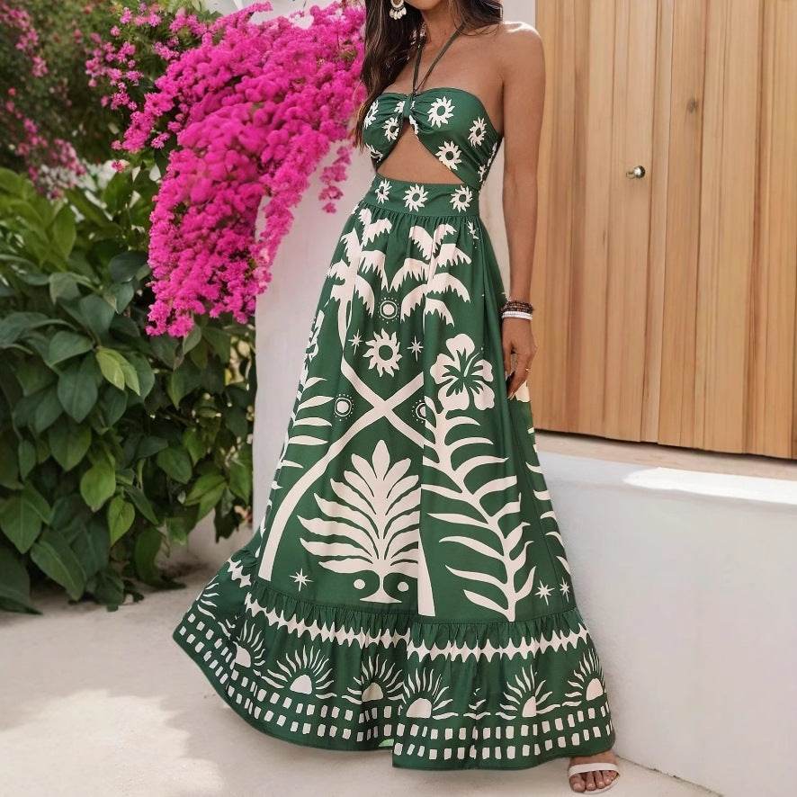 Women's Holiday Style Printed Front Cross Mid-length Dress Green