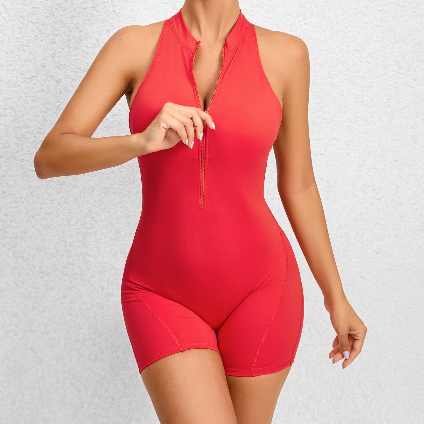 Zippered Yoga Fitness Shorts Jumpsuit Sleeveless Tummy Control Stretch Shapewear Butt Lifting Sportswear Women Red