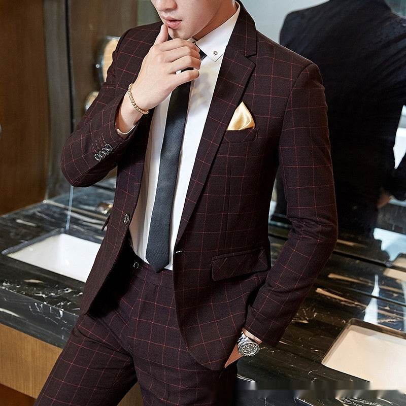 Men's Korean-style Business Suit Slim-fit Plaid Casual Wear Wine Red Suit