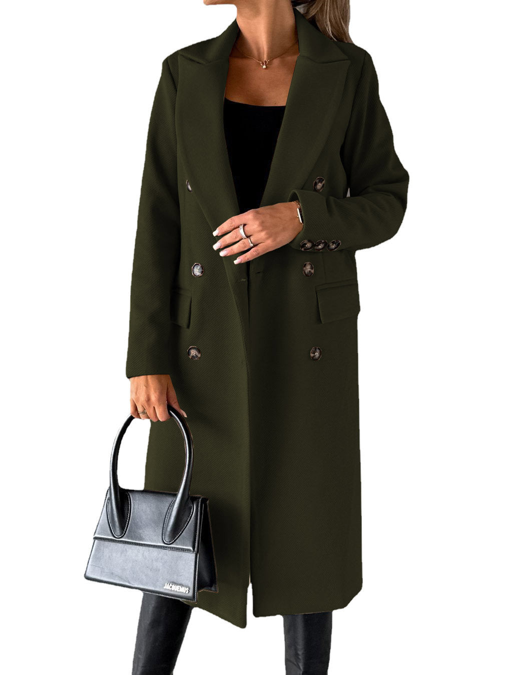 Long Sleeve Lapel Coat Winter Fashion Solid Double Breasted Slim Long Jacket Womens Clothing Army Green