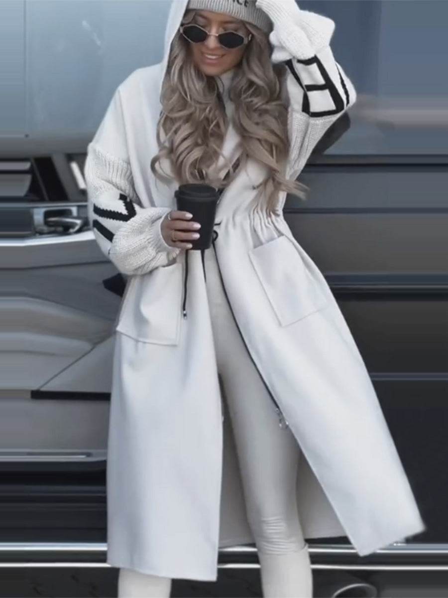 Hooded Windbreaker Long Jacket With Pockets And Drawstring Design Solid Color Knit-Sleeved Trench Coat For Women Clothing Fall Winter White
