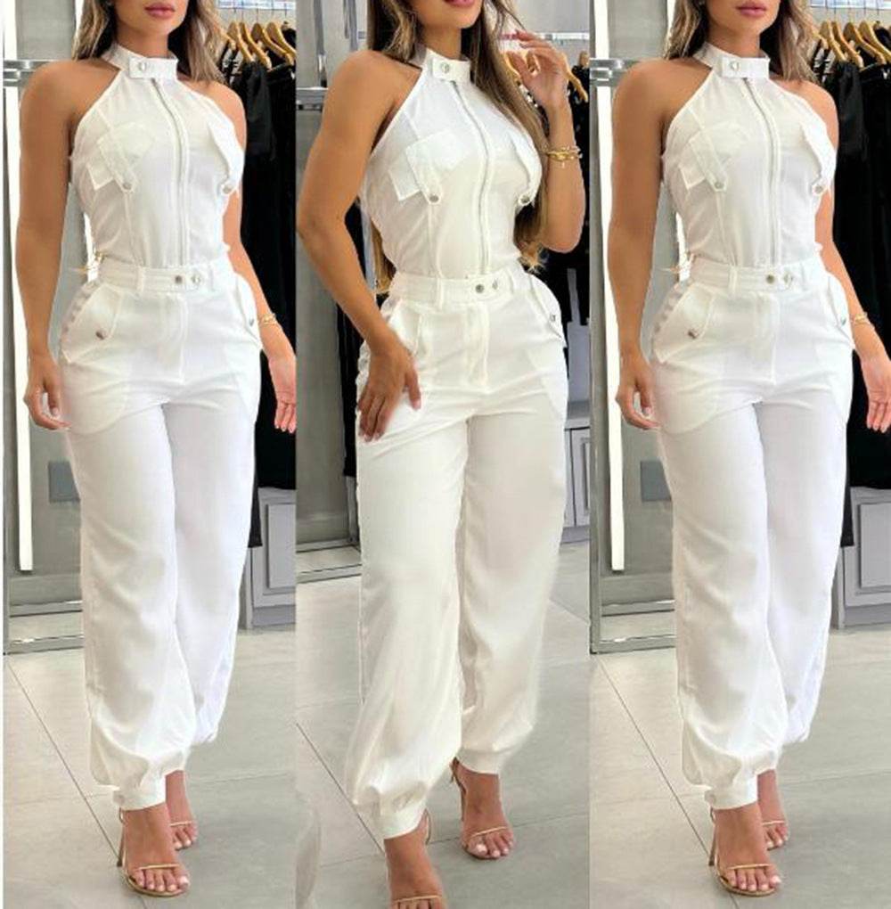Halter Top Casual Working Pants Two-piece Suit White