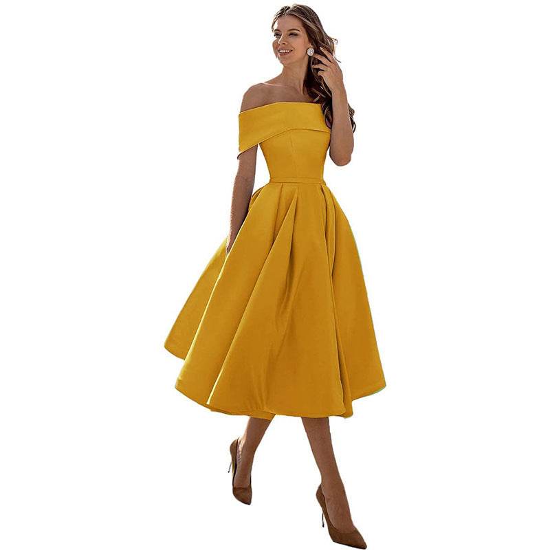 Women's Fashion Casual Strapless Satin Party Dress Off The Shoulder Tea Length Satin Prom Dresses With Pockts Formal Evening Party Dress Yellow