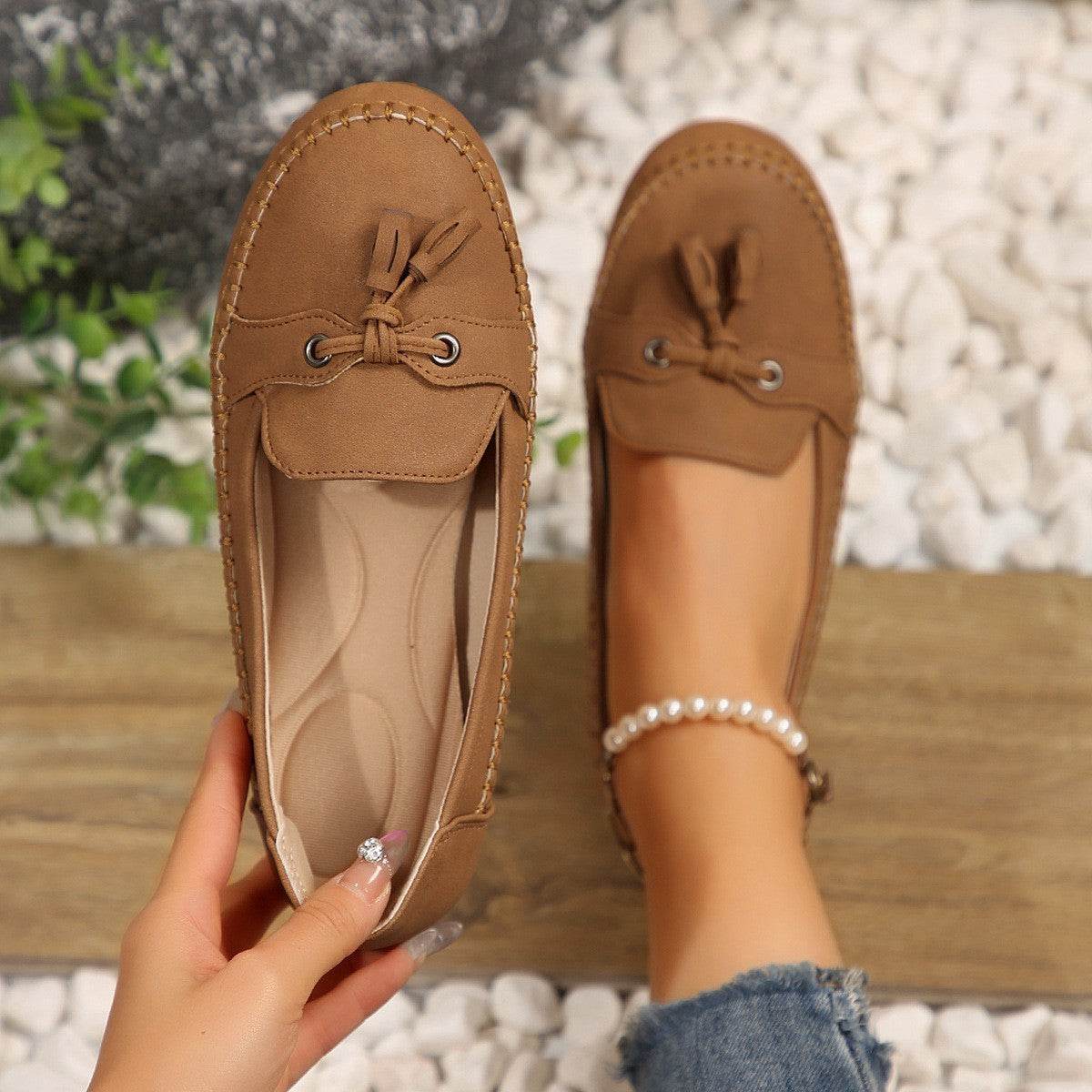 Women's Round Head Loafers Fashion Non-slip Soft Comfortable Flats Shoes Brown