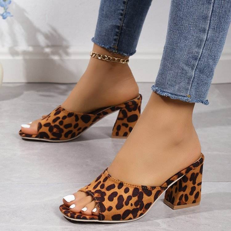 Leopard Square Toe Sandals Summer High-heeled Slippers Chunky Heel Shoes For Women Camel