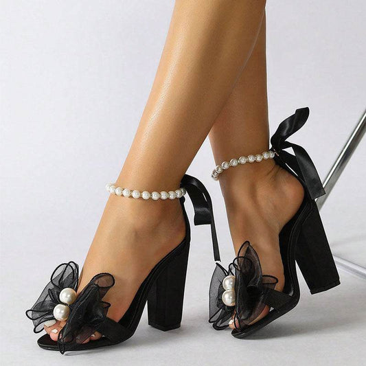 Fashion Ribbon Bow Beaded Female Peep-toe High-heeled Sandals