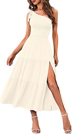 New Summer Fashion Women's One-shoulder Pleated Layered Hem Split Dress Offwhite