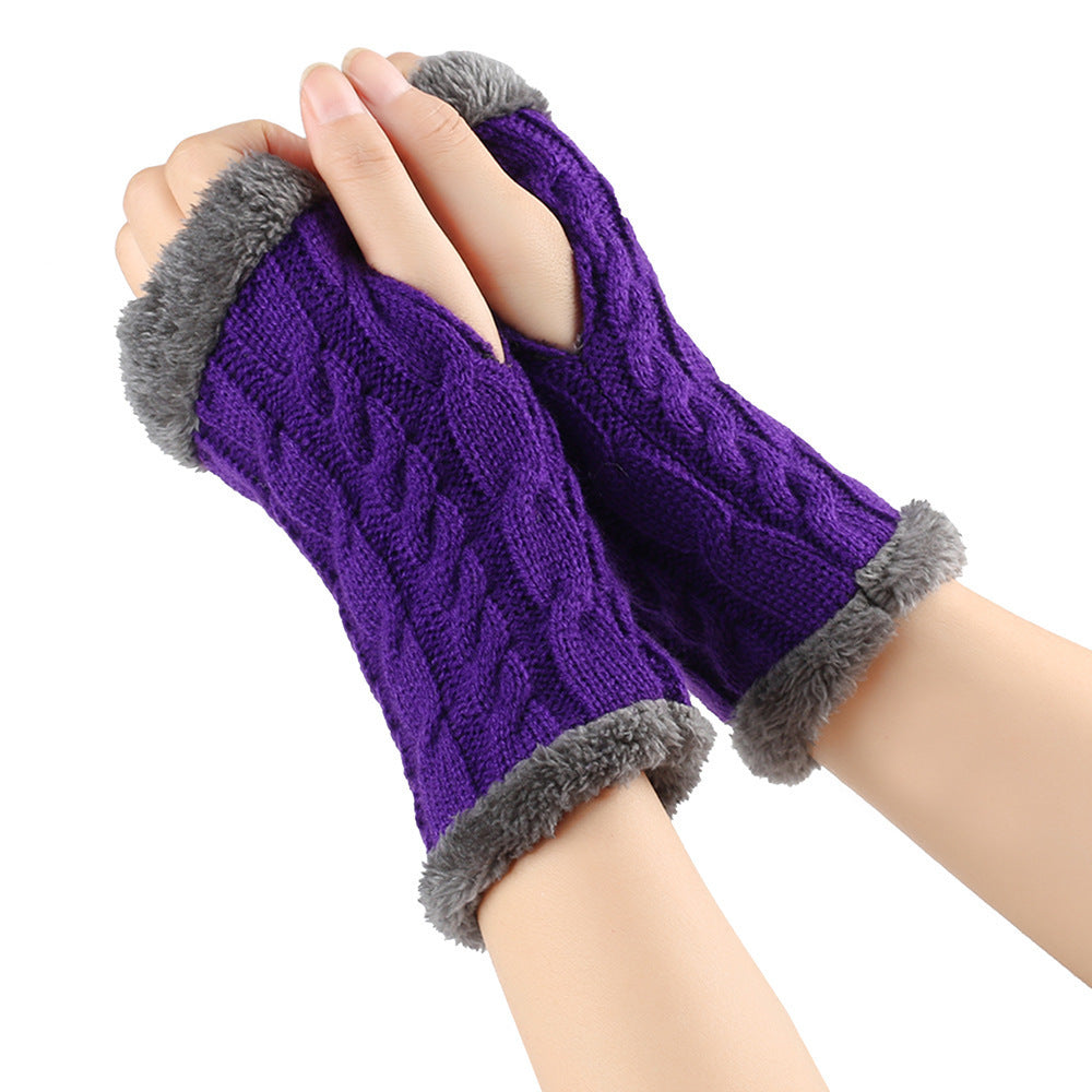 Winter Plush Gloves Twist Knitted Fingerless Fleece Gloves Women Warm Thickened Woolen Gloves Purple One Size