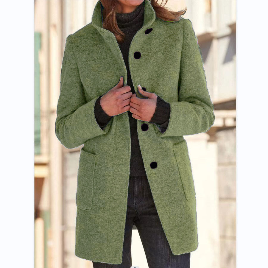 Fashion Stand Collar Woolen Coat With Pockets Fall Winter Casual Button Outwear For Women Clothing Bean Green