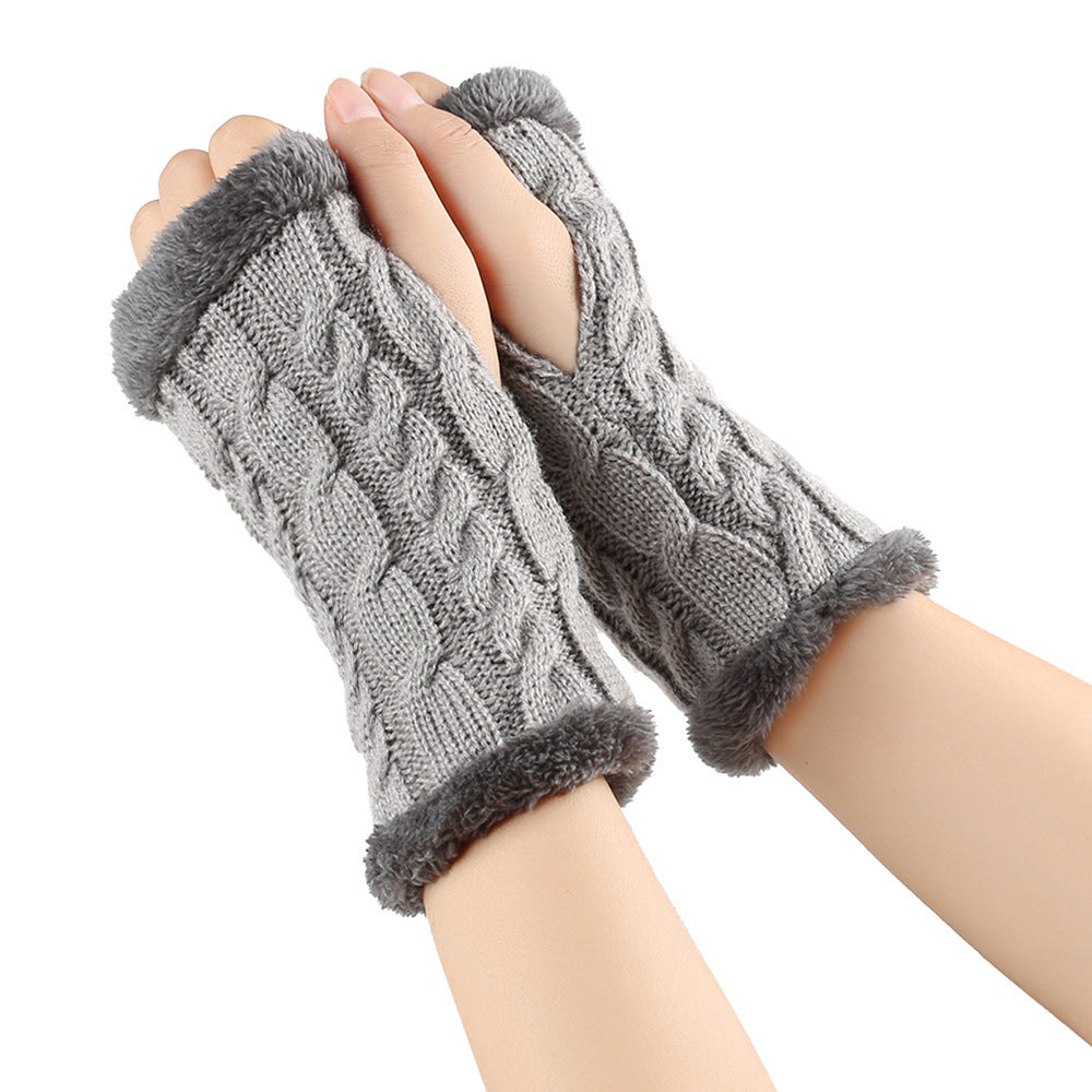 Winter Plush Gloves Twist Knitted Fingerless Fleece Gloves Women Warm Thickened Woolen Gloves Light Grey One Size