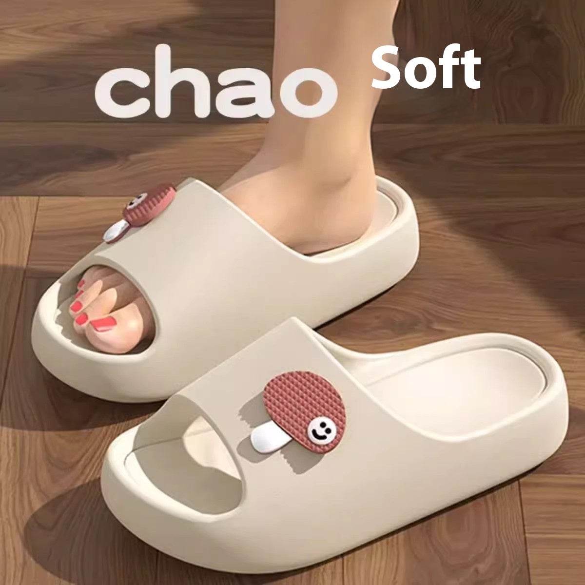 Cute Cartoon Dog Slippers Non-slip Floor Bathroom Slipper Summer Women's House Shoes Beige Mushroom