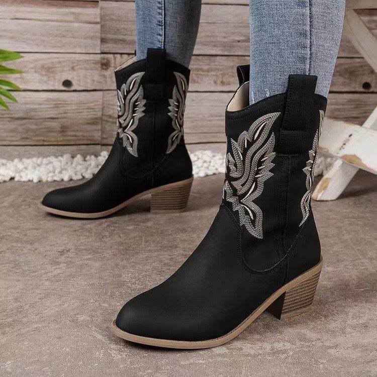 Fashion Chunky-heeled Pointed Toe Boots Winter Ethnic Style Embroidered Mid-Tube Western Shoes Women Black