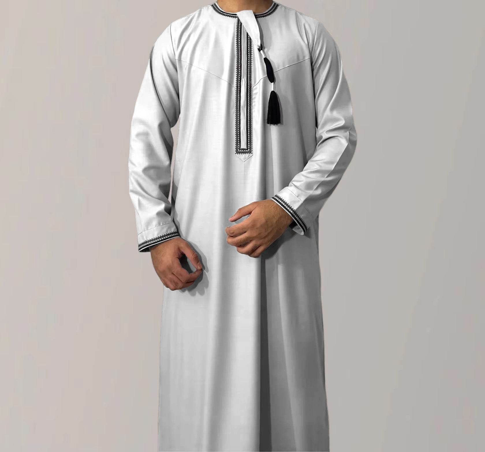 Solid Color Round Neck Embroidered Thick Tassel Oman Gowns Saudi Arabia Men 1 White