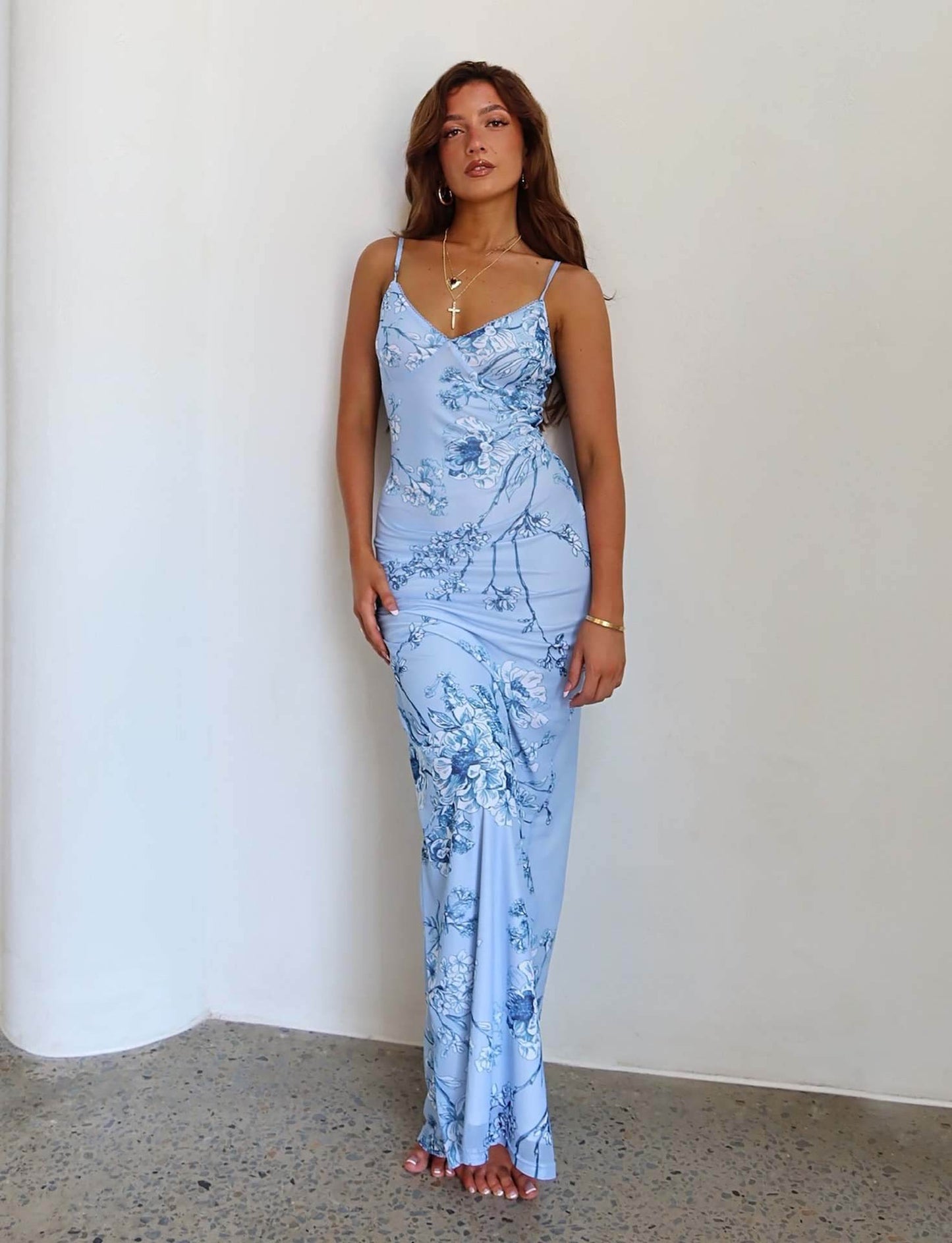 Y2K Slim Flowers Printing Slip Dress Women's Summer Suspender Skirt Vacation Beach Long Dresses Light Blue