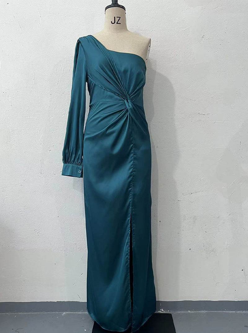 Women's One-shoulder Split Dress Ins Fashion Long-sleeved Slim Long Dresses Party Evening Clothing Peacock Blue