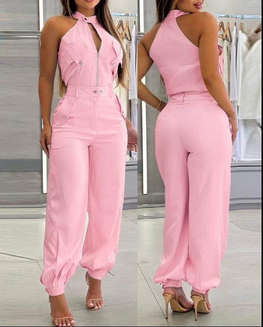 Halter Top Casual Working Pants Two-piece Suit Pink