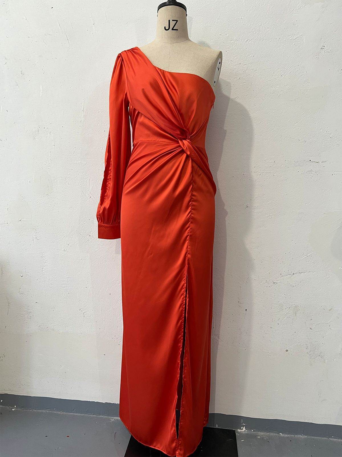 Women's One-shoulder Split Dress Ins Fashion Long-sleeved Slim Long Dresses Party Evening Clothing Orange Red