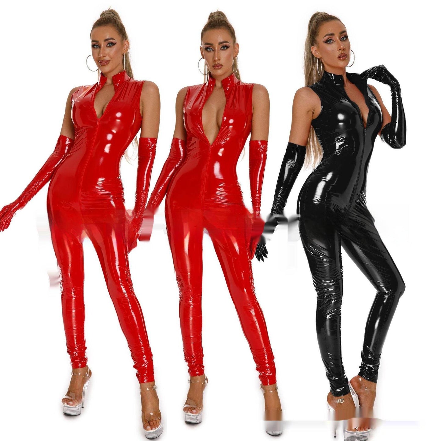 Shiny Patent Leather Mirror One-piece Leather Coat For Women