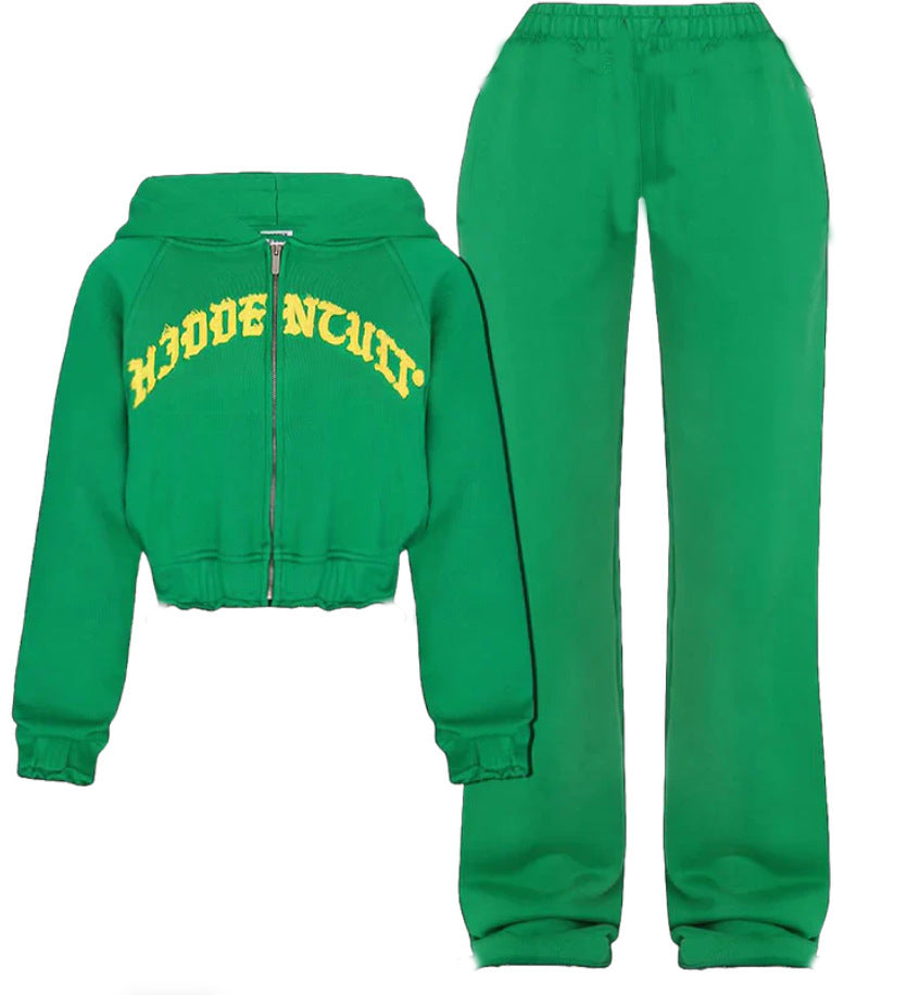 Ins Letter Sports Suit Zip-up Hooded Cropped Sweatshirt Top And Loose Drawstring Trousers Fashion Womens Clothing Green