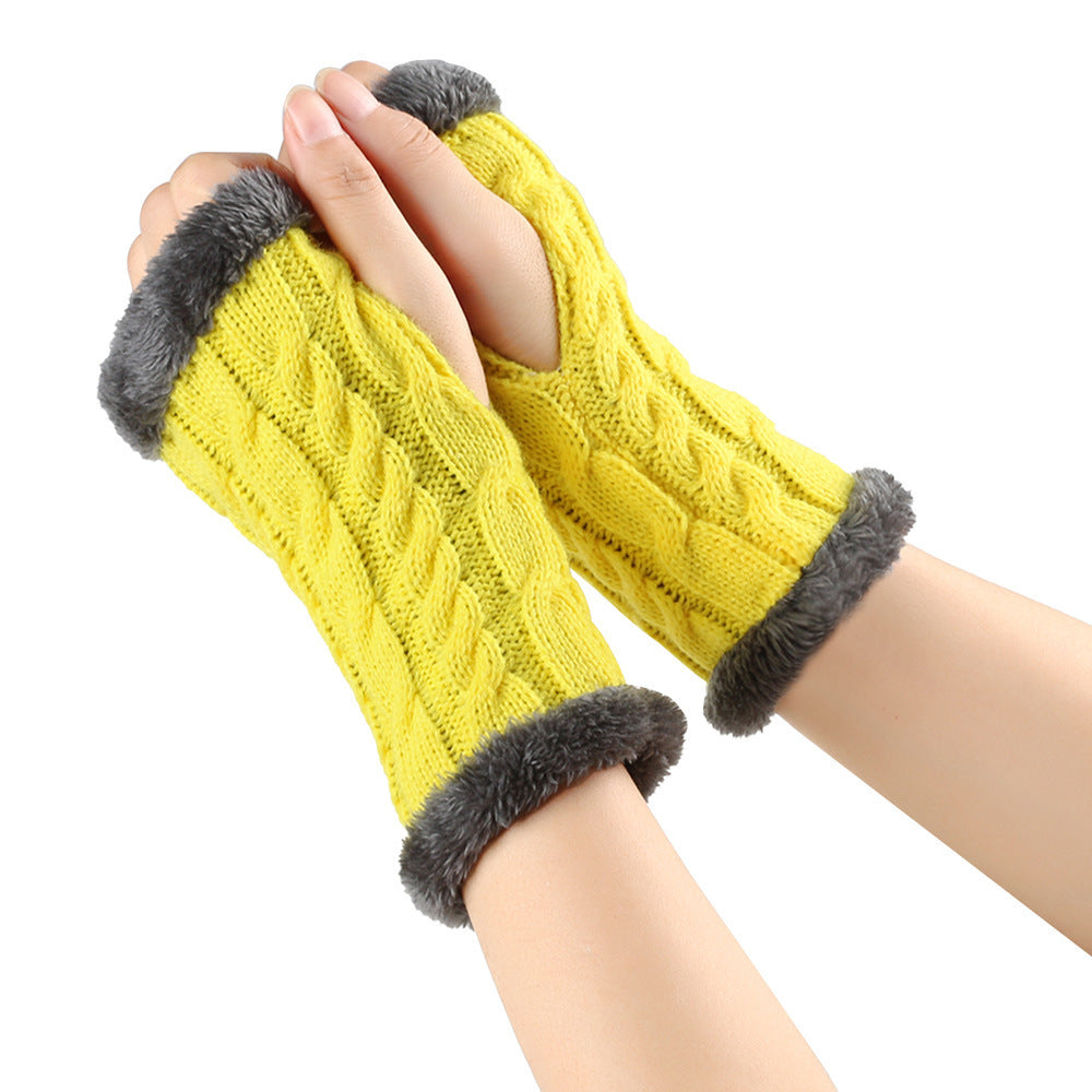 Winter Plush Gloves Twist Knitted Fingerless Fleece Gloves Women Warm Thickened Woolen Gloves Yellow One Size