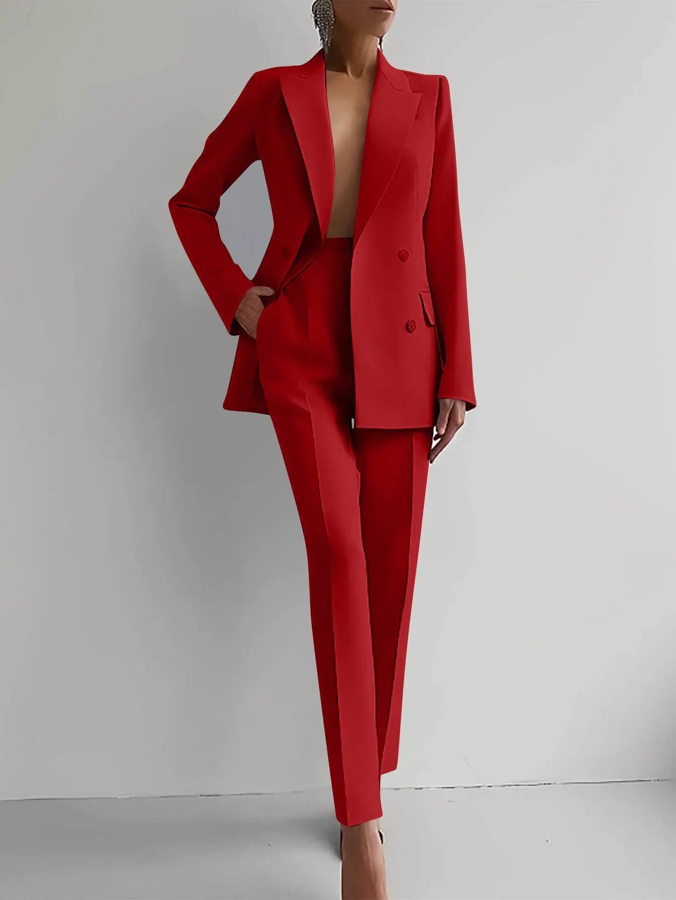 Casual Suits Fashion Long Sleeve Single-breasted Jacket Top And Slim Fit Trousers Women's Business Suits Red