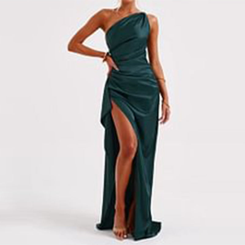 Sexy One-shoulder Backless Slit Dress Summer Elegant Slim-fit Solid Color Satin Dresses For Women Image color