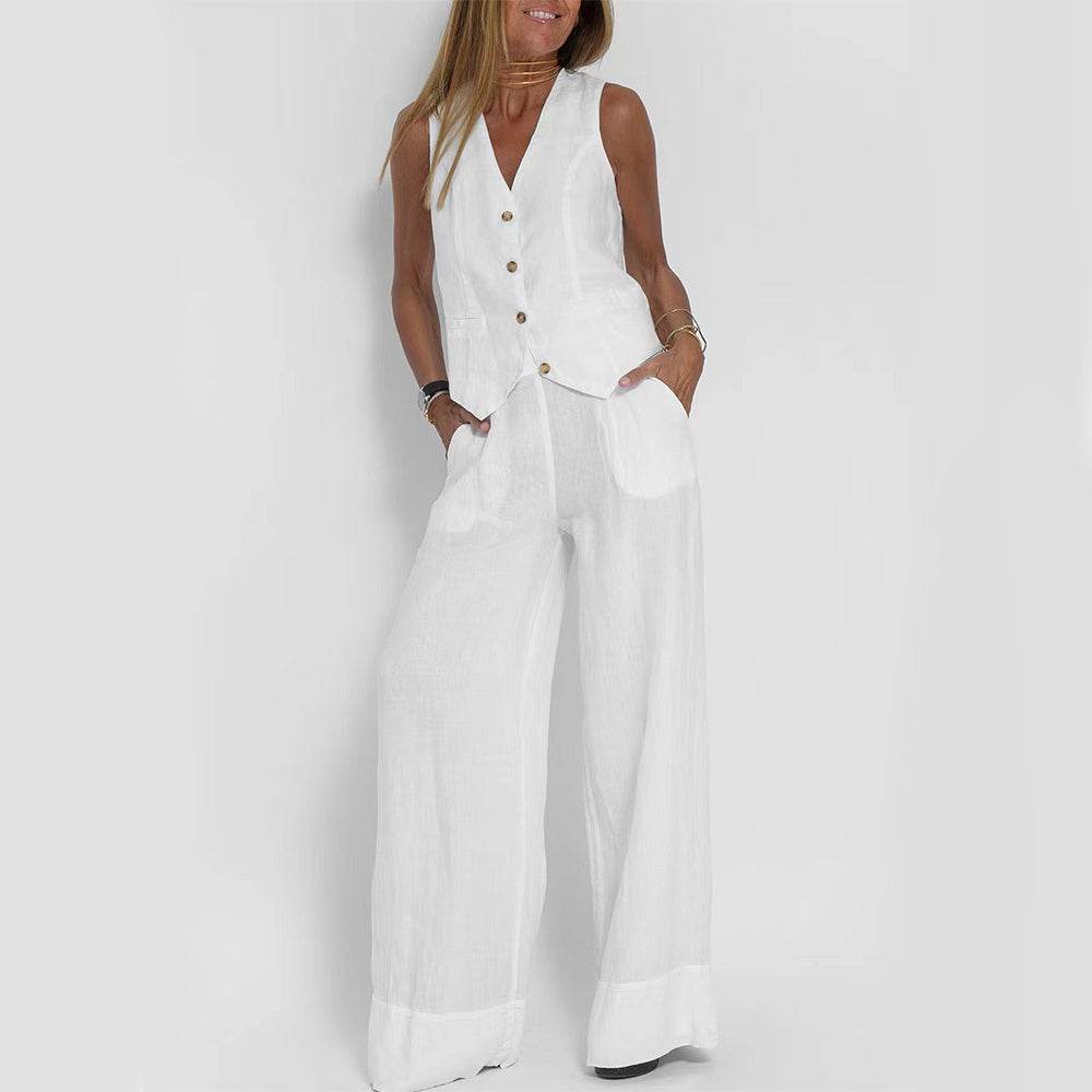 Summer Vest Suits V-neck Botton Sleeveless Top And Loose Straight Trousers Casual Womens Clothing White