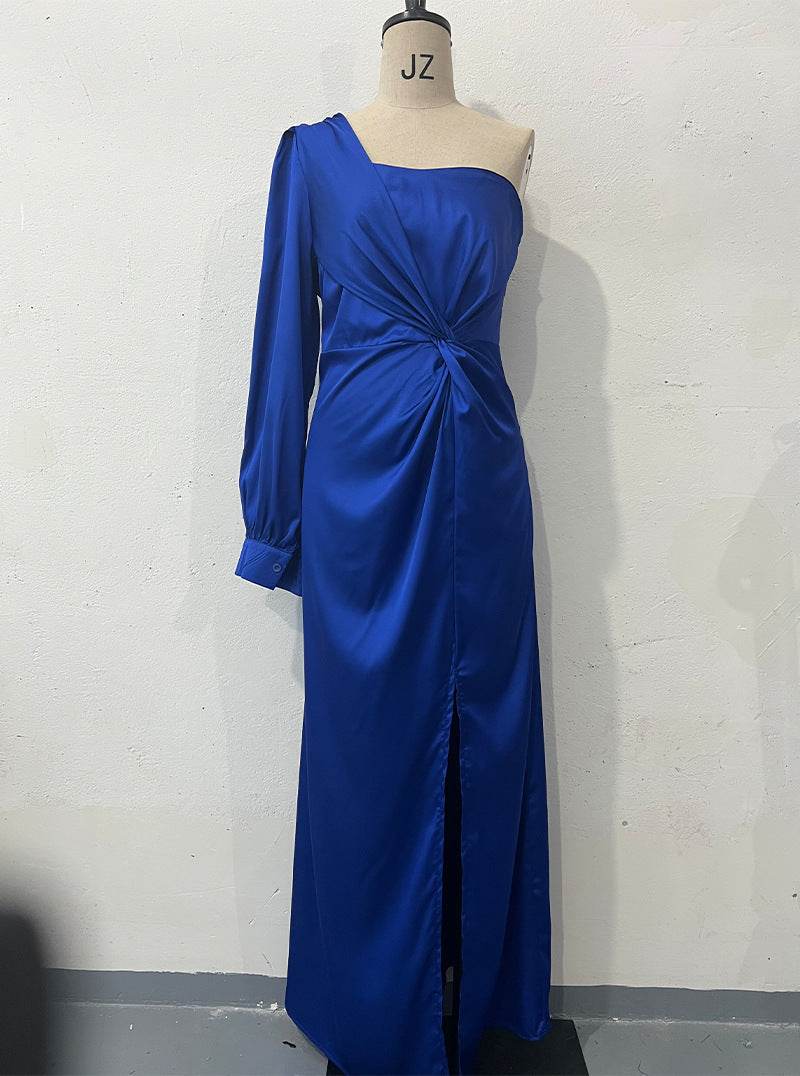 Women's One-shoulder Split Dress Ins Fashion Long-sleeved Slim Long Dresses Party Evening Clothing Sky Blue