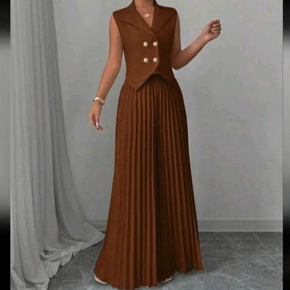 Summer Sleeveless Suit Fashion Lapel Button Vest Top And Pleated Straight Pants Women's Trousers Set Clothing