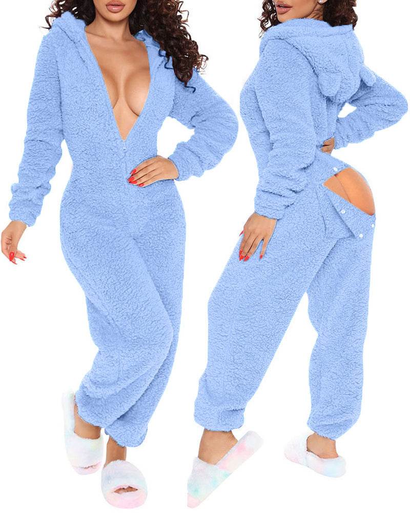 Long Sleeve Hooded Trousers Plush Homewear Pajamas Jumpsuit XH8021A bl