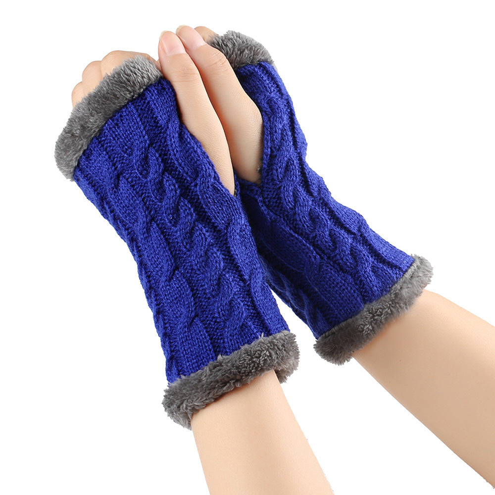 Winter Plush Gloves Twist Knitted Fingerless Fleece Gloves Women Warm Thickened Woolen Gloves Blue One Size