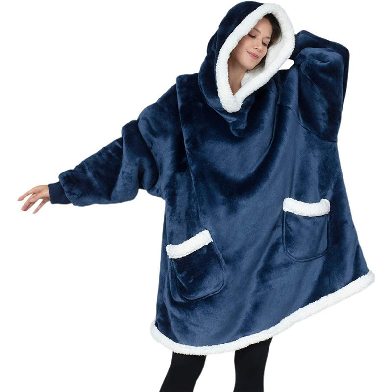 Winter TV Hoodie Blanket Winter Warm Home Clothes Women Men Oversized Pullover With Pockets Short navy blue One Size