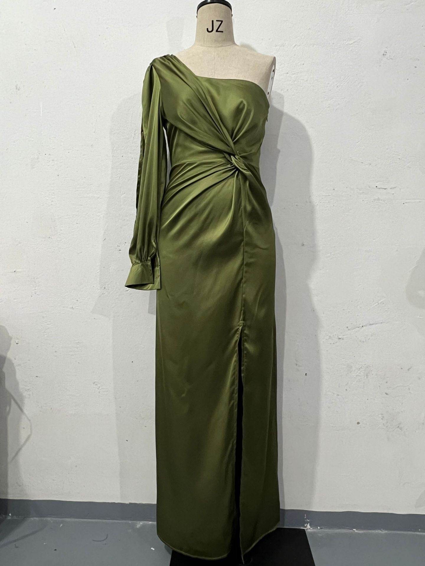 Women's One-shoulder Split Dress Ins Fashion Long-sleeved Slim Long Dresses Party Evening Clothing Dark Green