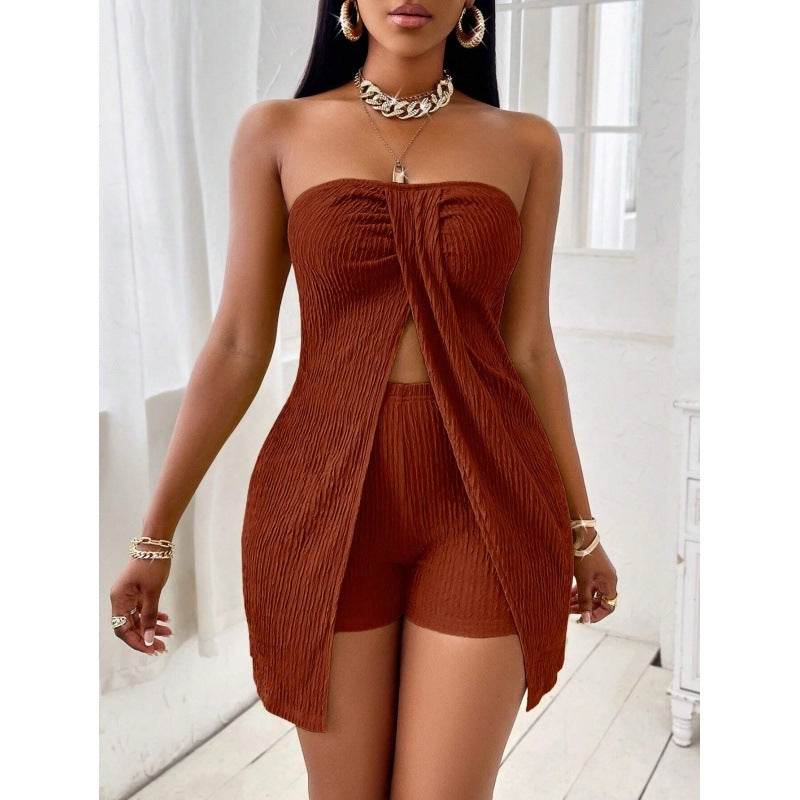Women's Strapless Bandeau Top Shorts Suit 3 Brown