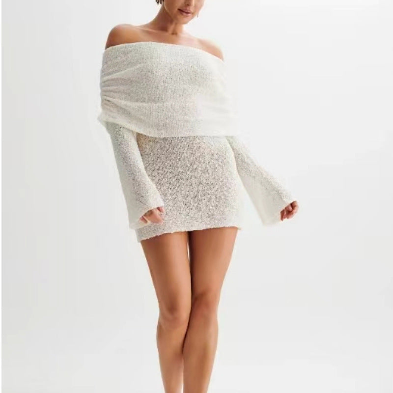 Women's Spring Summer Knitted Dress Elegant Party Boat Neck Dress Infant Off Shoulder Bodycon Long Sleeve Fuzzy Short Club Chic Mini Dress White