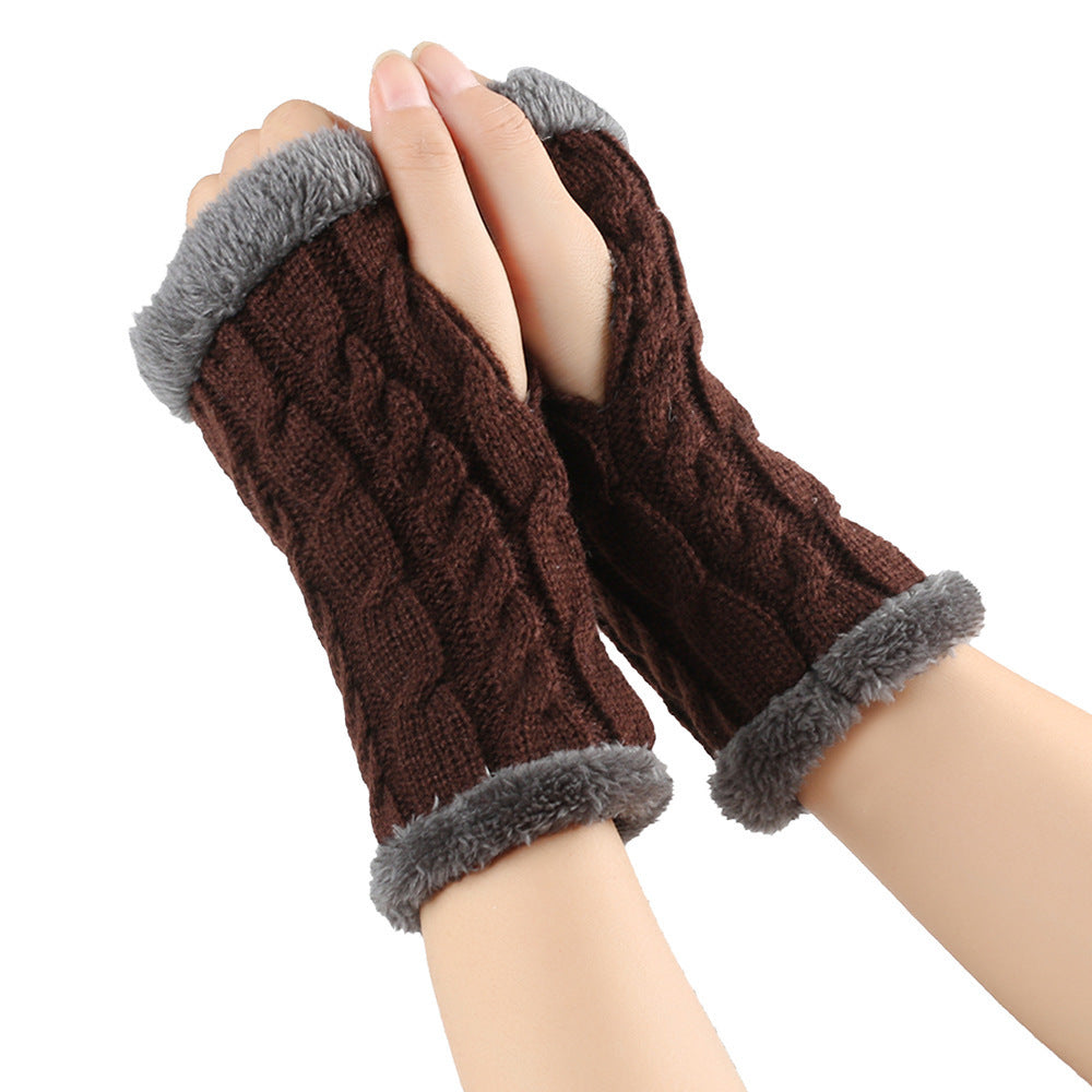 Winter Plush Gloves Twist Knitted Fingerless Fleece Gloves Women Warm Thickened Woolen Gloves Coffee One Size