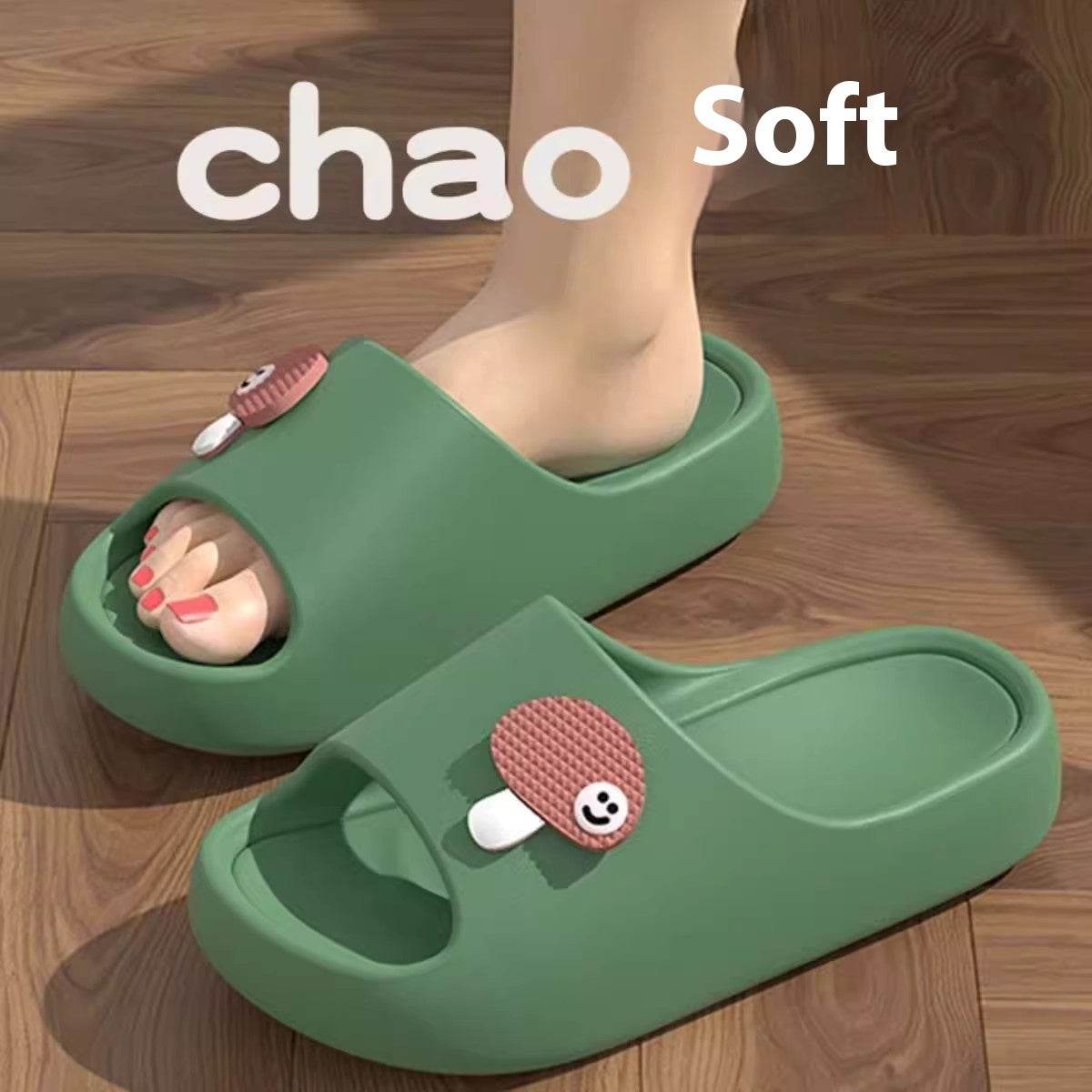 Cute Cartoon Dog Slippers Non-slip Floor Bathroom Slipper Summer Women's House Shoes Green Mushroom